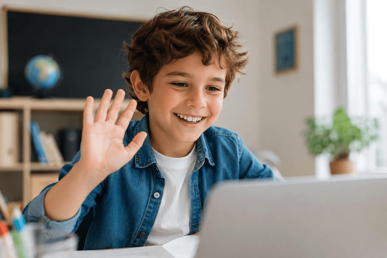 Enfant souriant qui salue pendant un cours d'anglais en visio